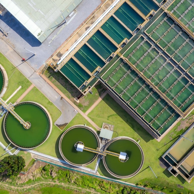 Aerial view of The Solid Contact Clarifier Tank type Sludge Recirculation in Water Treatment plant